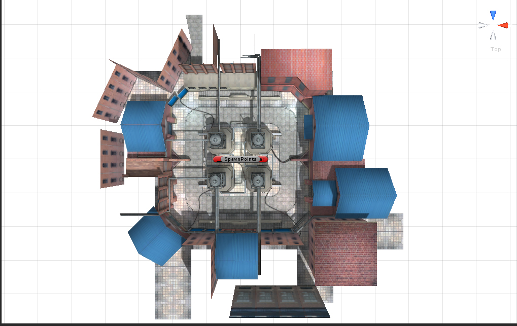 3D environment art — top-down level layout with spawn points